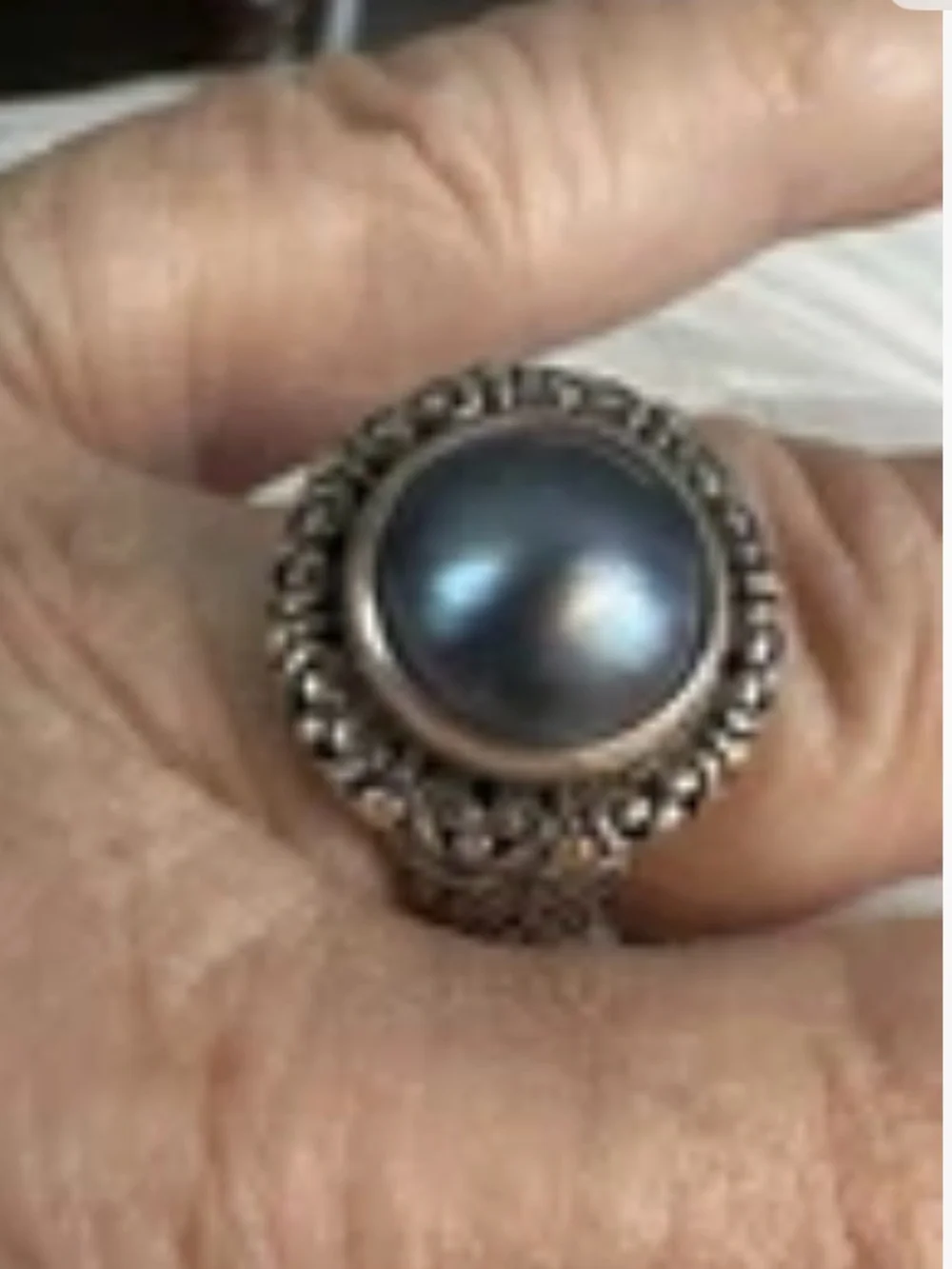 Sterling Silver Filigree Ring with Gray-Blue Pearl Cabochon